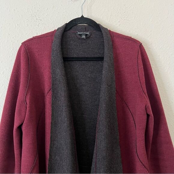Eileen Fisher Burgundy Structured Moto Long Jacket Cardigan Medium Merino Wool - Picture 6 of 11